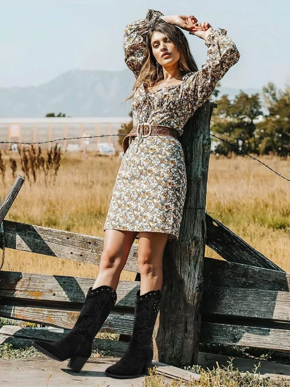 Women Black Western Pointed Toe Chunky Heel Embroidered Mid Calf Cowgirl Boot